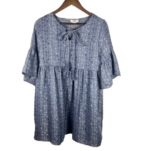 Umgee Womens Floral Chambray Baby Doll Dress Size M Blue Bell Sleeves Boho Twee - Picture 3 of 13